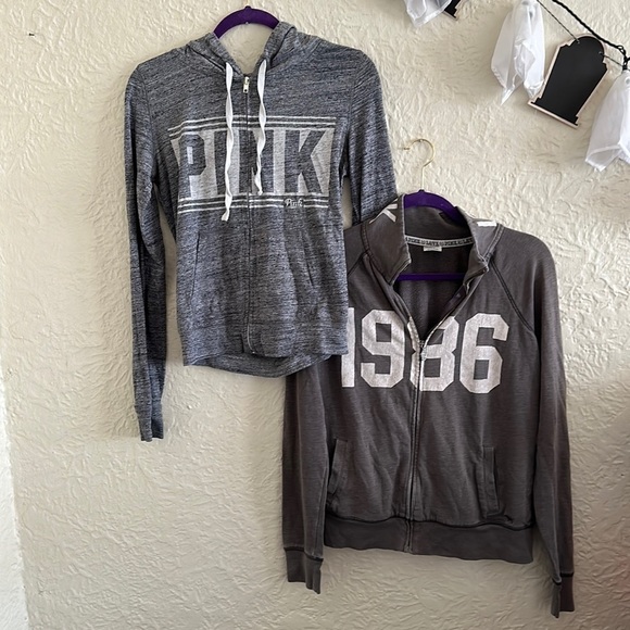 Victoria’s Secret Pink Sweatshirt Bundle Gray 1986 Zip White Logo Hoodie Small - Picture 1 of 16
